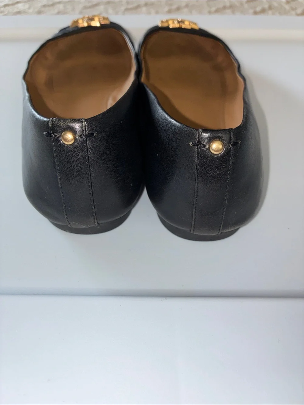 Tory Burch Black Leather Gold Logo Cap-Toe Flats